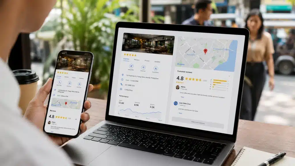 Why Your Competitors in the Philippines Use Local SEO Services 3 Local SEO services shown on laptop and phone with reviews, maps, and customer profile