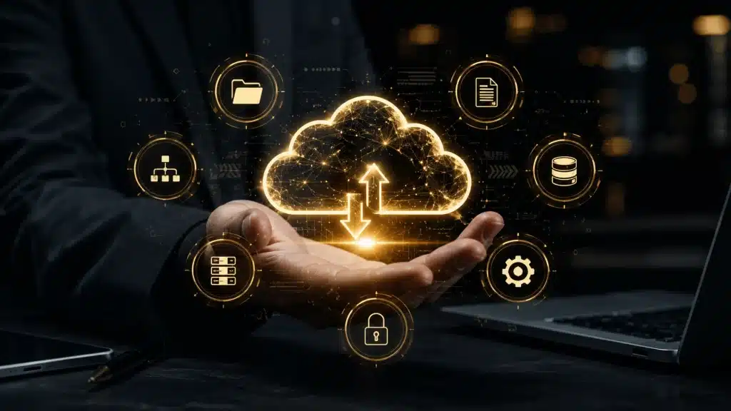 Top 10 Cloud Computing Services in BGC Every Business Needs 2 Professional hand showing cloud computing services in BGC with gold digital icons