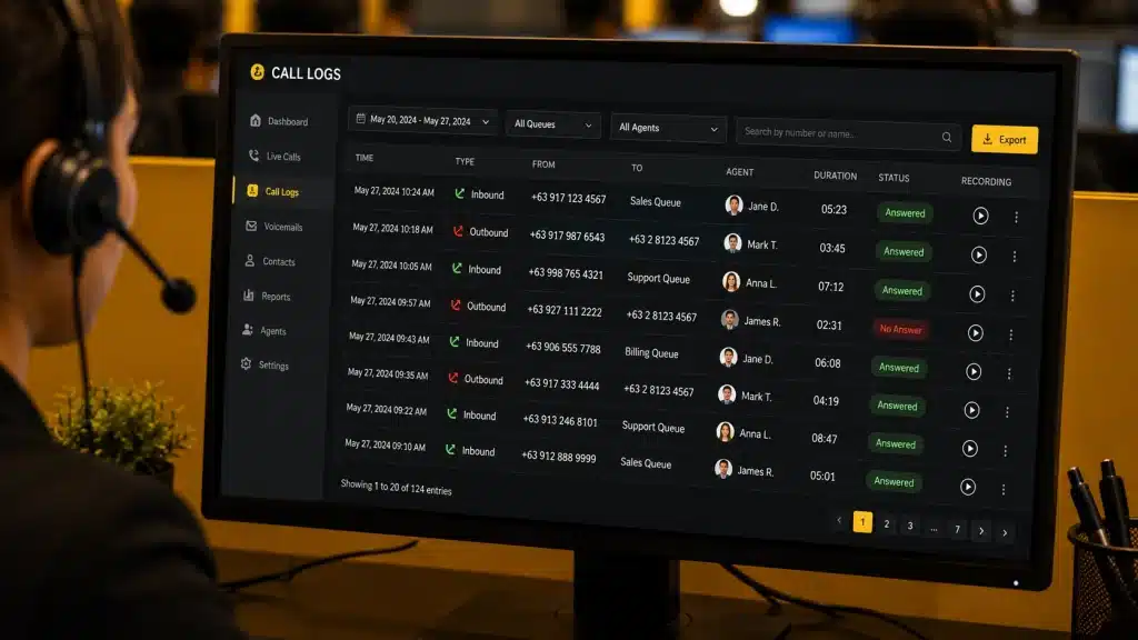 Call center setup services in BGC Taguig with live call logs on an agent monitor