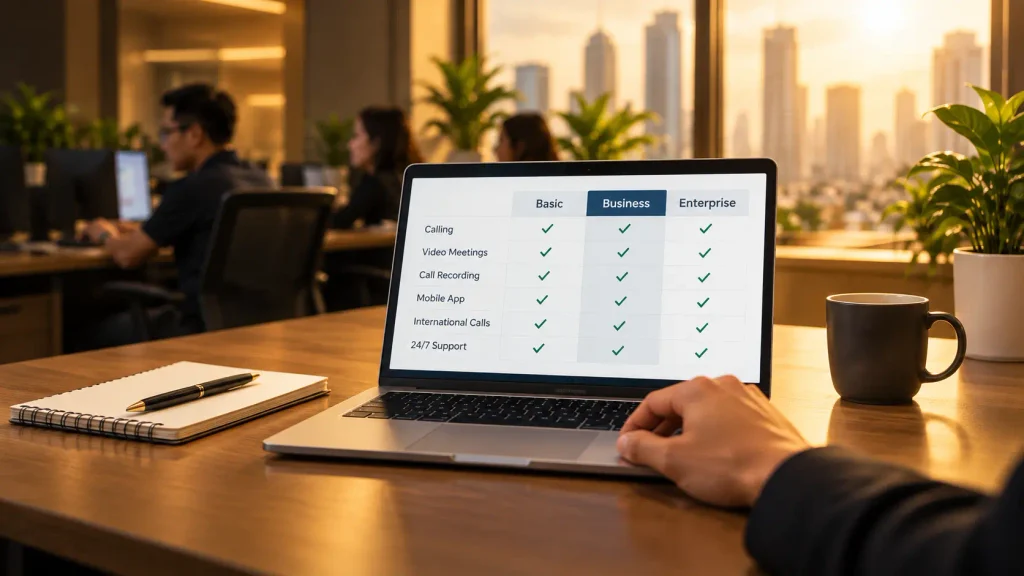 How to Choose the Right Small Business VoIP System in 2026 2 Small business VoIP system plan comparison showing calling, video meetings, call recording, mobile app, international calls, and support features.