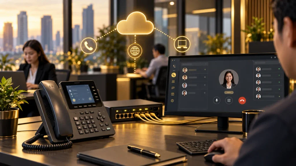 IP phone connected to a cloud-based business communication system.