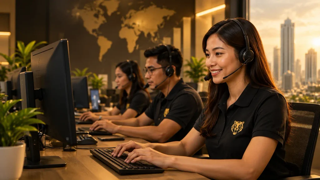 How to Choose the Right Small Business VoIP System in 2026 4 Filipino customer service team using headsets and computers to manage business calls with scalable VoIP communication.