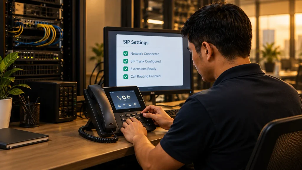 How to Choose the Right Small Business VoIP System in 2026 3 IT technician configuring SIP settings, call routing, extensions, and network connections for a small business VoIP setup.
